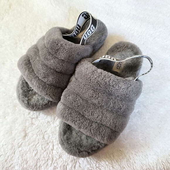UGG Fluff Yeah Slide Sandals Sheepskin Fur Slingback Elastic Open Toe Slip Ons 8 - Picture 1 of 7